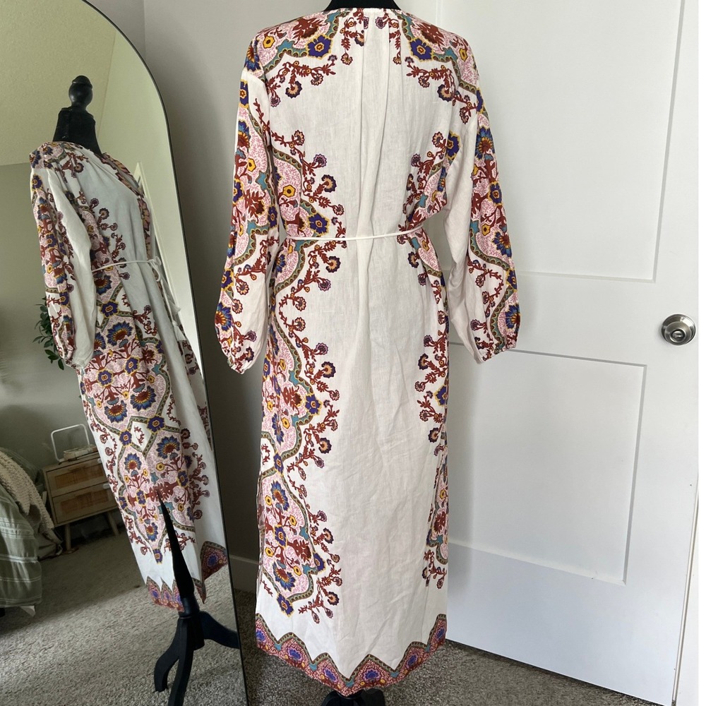 Cleobella Maxi Dress Womens Small White Floral Paisley Cotton Linen Boho Belted - Picture 3 of 16